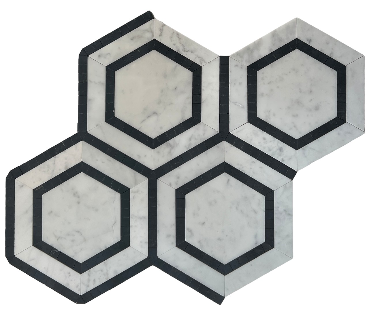 HEXAGON CARRARA + NERO BORDER HONED